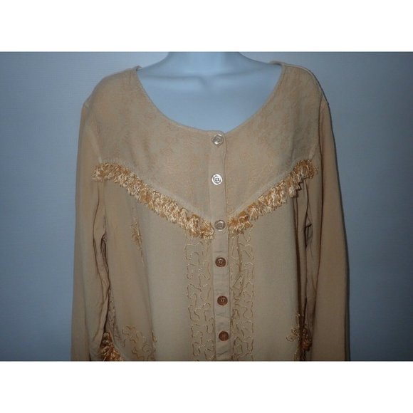 Original Anthony Peasant Top Women 1X Boho Fringe Embroidered Gold Tunic b30 - Picture 3 of 8